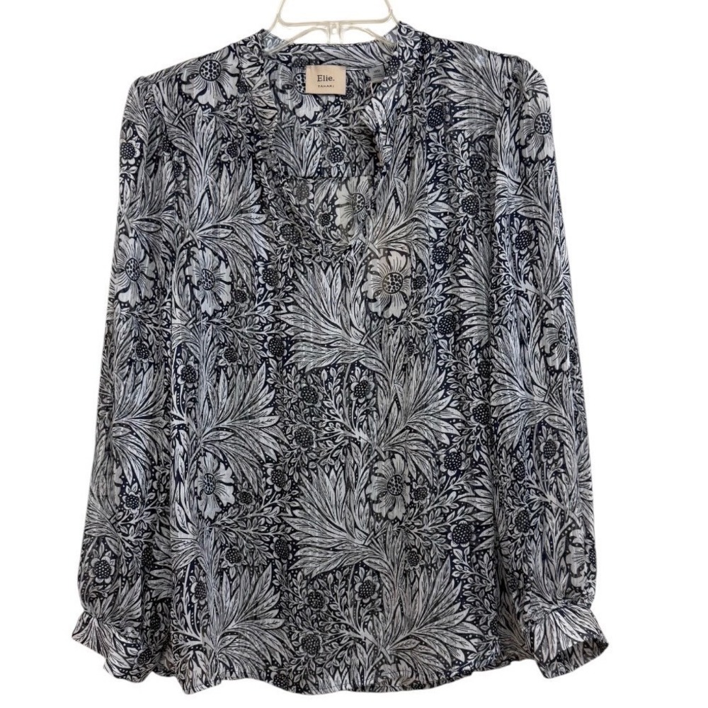 Elie Tahari Women Navy White Floral Lurex Metallic Stripe Blouse Top Medium
